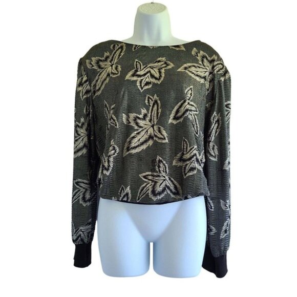 Vintage 80s Fun Funky Metallic Blouse Tag sz 18 Black Silver Leaf Slinky - Picture 5 of 15